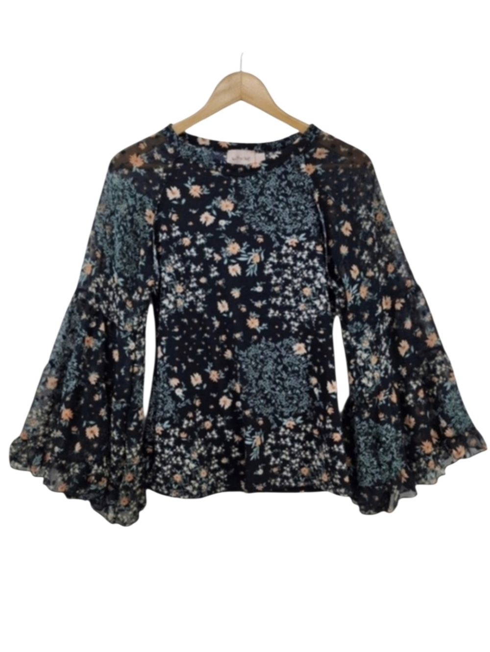Willow + Root Black Floral Semi-sheer Blouse Women's Extra Small Bell Sleeves